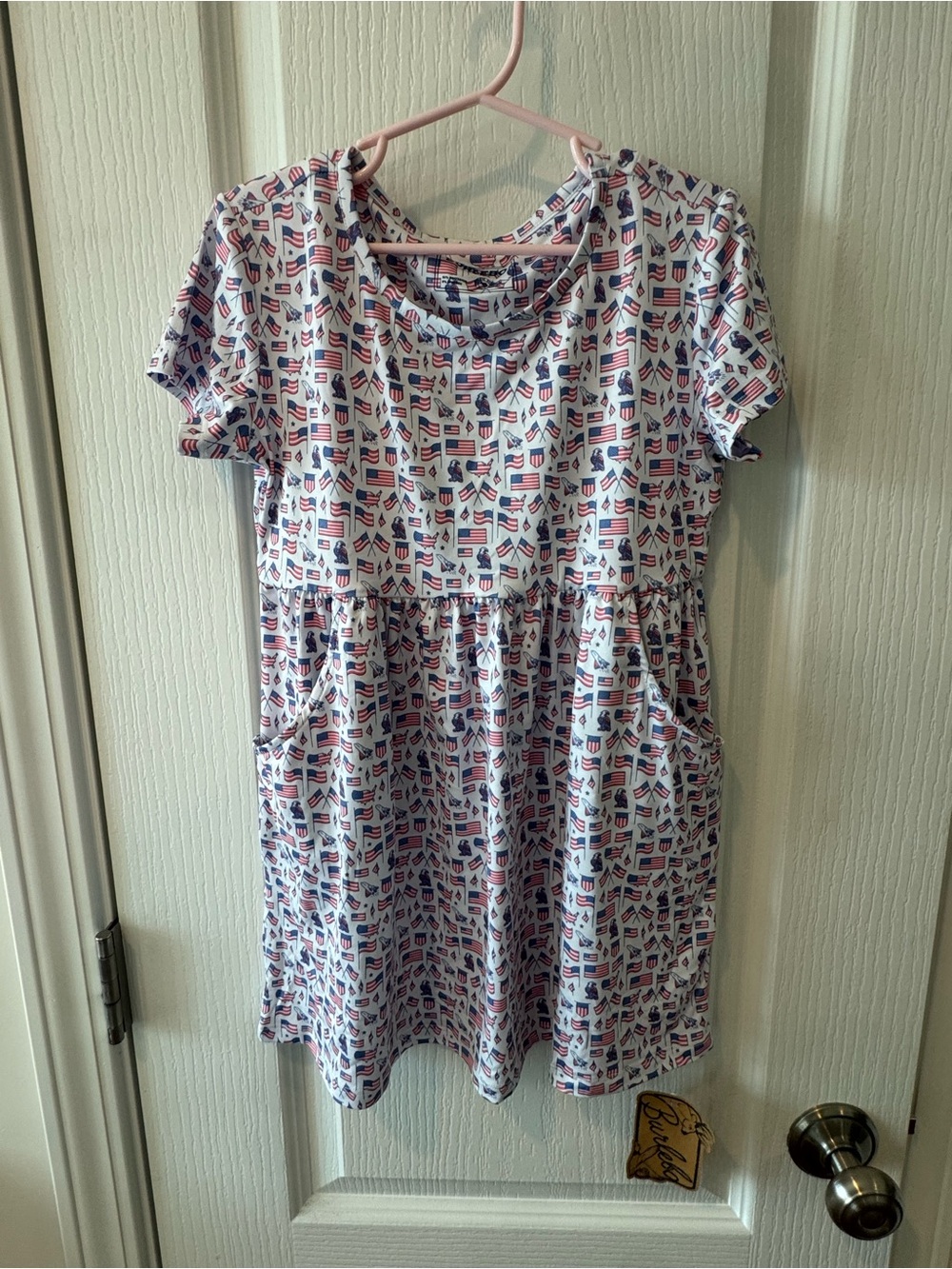 BURLEBO White Dress with Red and Blue Flag Print